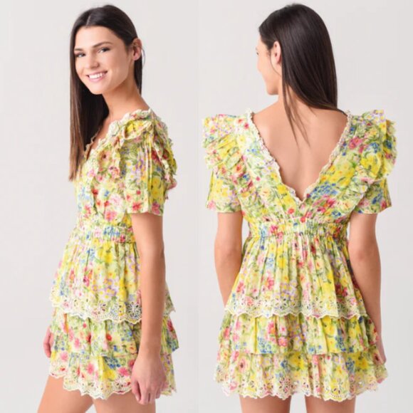 LoveShackFancy Aldina Mini Dress Sz Small Yellow Floral Print Tiered Ruffle - Picture 2 of 9